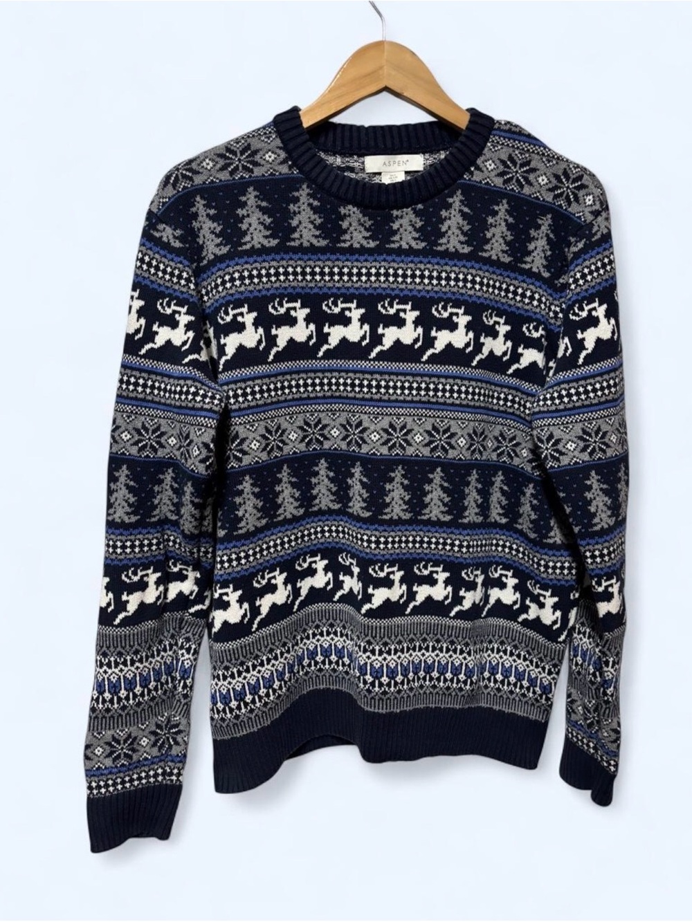 Aspen Nordic Fair Isle Reindeer Christmas Knit Sweater Navy Blue Mens Medium